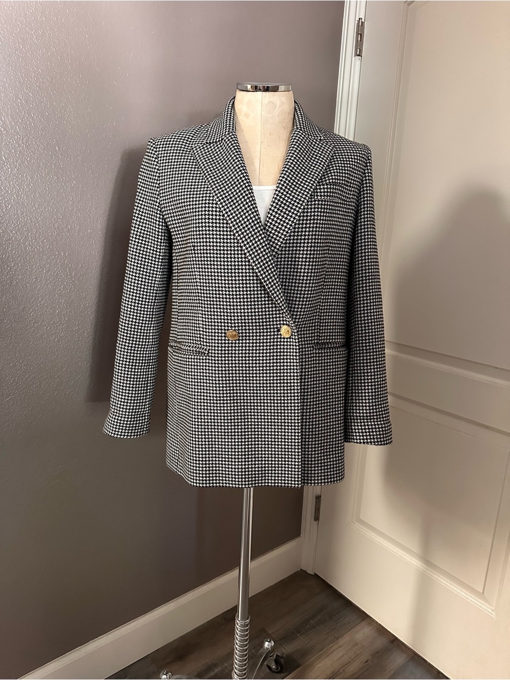 Maje Black and White Houndstooth Double-Breasted Blazer